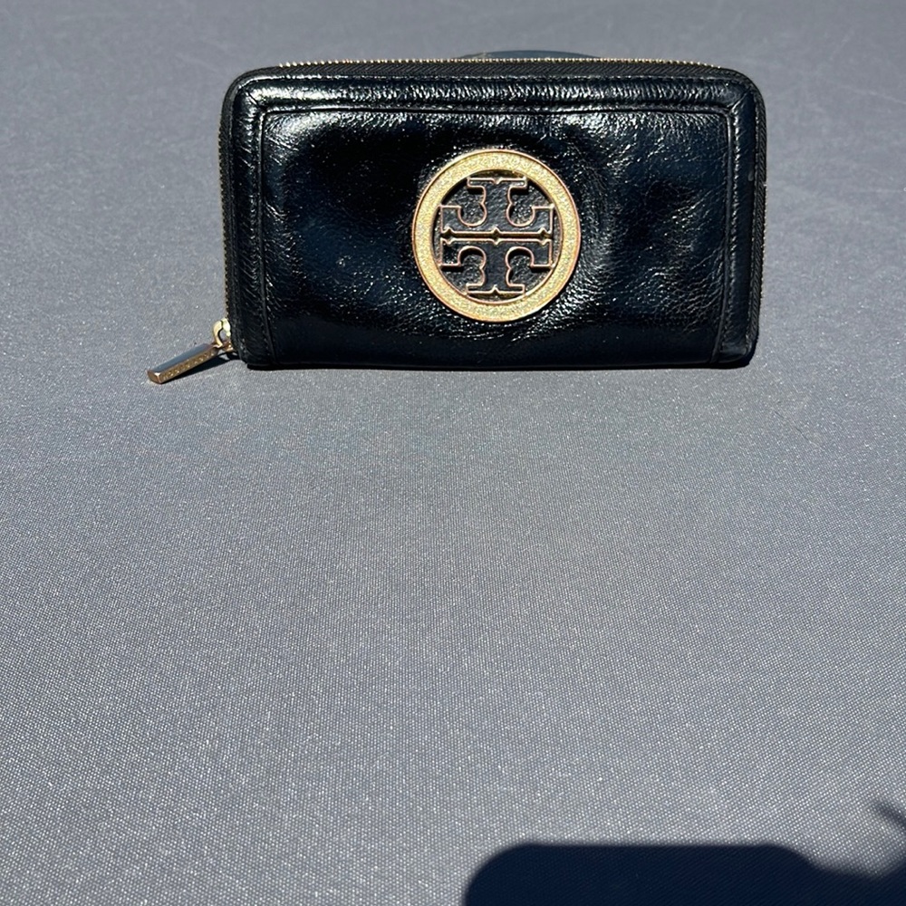 Tory Burch large zip around wallet black leather